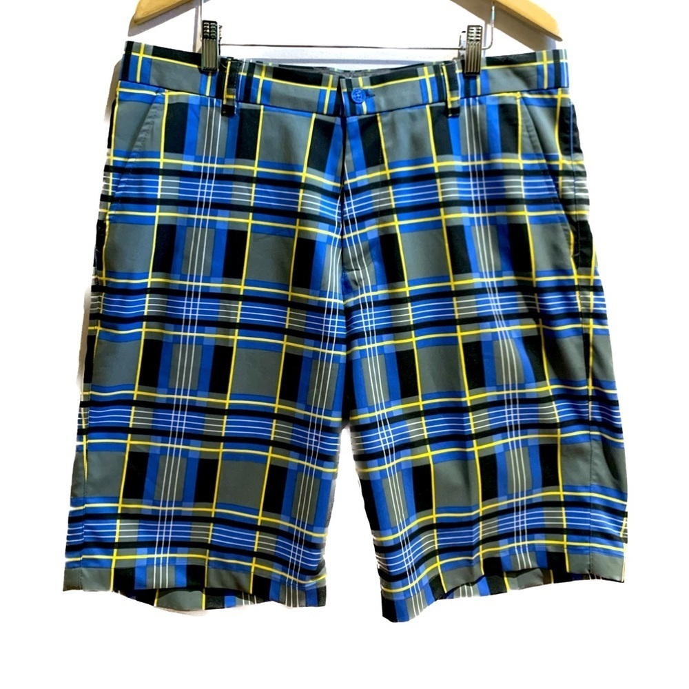 Sligo Golf Pickleball Shorts Gray Blue Yellow checkered pattern men’s size 34
